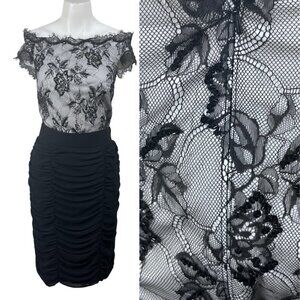 Tadashi Shoji Black Size 8 Lace Ruched Off The Shoulder Midi Cocktail Dress